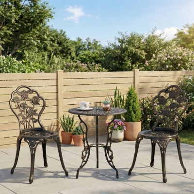 Outsunny 3 Pieces Aluminum Bistro Set, Bistro Table Set Outdoor Patio Furniture with Umbrella Hole, Patio Table and Chairs with Floral Patterns for Garden, Balcony, Porch, Bronze