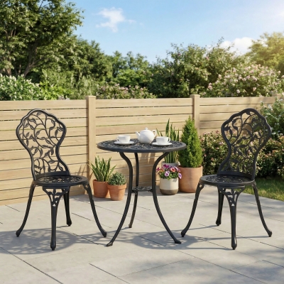 Outsunny 3 Pieces Bistro Set, Patio Table and Chairs with Cast Aluminum Frame for Garden, Balcony, Porch, Black