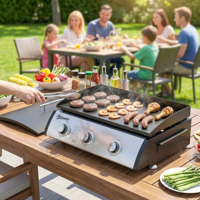 Outsunny Propane Gas Grill with 3 Main Burners, 8530 BTU Outdoor BBQ Grill Cart with Non-Stick Griddle and Lid, Black