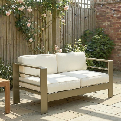 Outsunny Patio Loveseat, Outdoor Seating for 2, Garden Sofa with Cushions, Wide Armrests, 54.3"x27.6"x24.6", Cream White