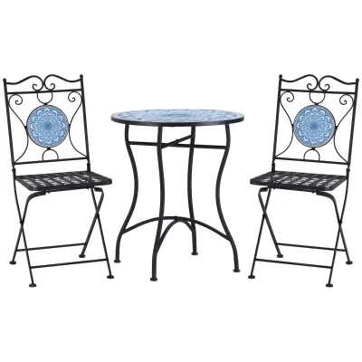 Outsunny 3-Piece Outdoor Bistro Set Garden Coffee Table Set with Mosaic Top for Patio, Balcony, Poolside, Black