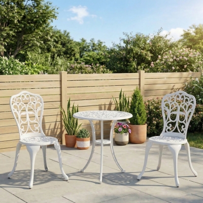 Outsunny 3 Pieces Antique Outdoor Bistro Set for 2 Patio Table and Chairs Set with Umbrella Hole White
