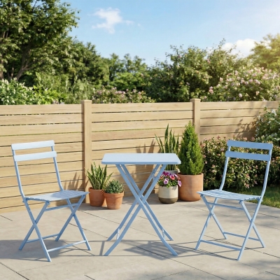 Outsunny 3 Pieces Garden Bistro Coffee Set Foldable Patio Chair & Square Table for Outdoor Yard Porch Poolside Balcony Blue