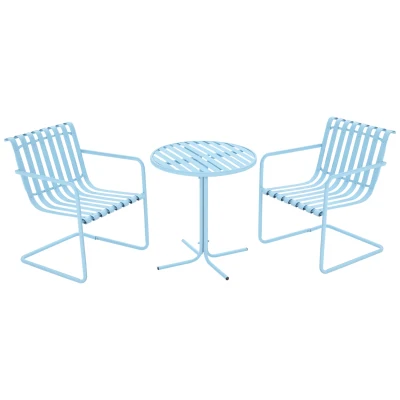 Outsunny 3 Pieces Patio Bistro Set, Metal Frame Garden Coffee Table Set with 2 Chairs & Round Table for Outdoor Yard Porch Poolside Balcony, Sky Blue