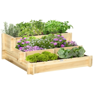 Outsunny 3-Tier Elevated Garden Bed, Natural Wood with Drainage