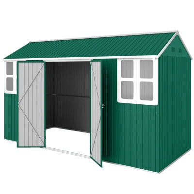 Outsunny 12' x 5.5' Metal Garden Storage Shed, Outdoor Tool Storage House with Lockable Door, Vents, Sloped Roof, Green