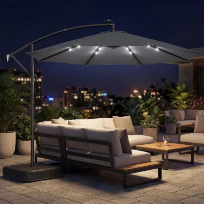 Outsunny 10ft Cantilever Patio Umbrella w/Light & Cover, Gray