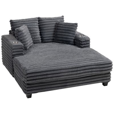 HOMCOM 60" Chaise Lounge Chair, Oversized Upholstered Sofa Bed with Cup Holders & Pillows, Sleeper Couch for Living Room, Grey