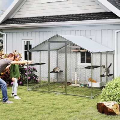 PawHut Large Catio Outdoor Cat Enclosure with Waterproof Cover, Walk-in Cat Patio w/ 5 Adjustable Platforms & Hammock 94.5" W