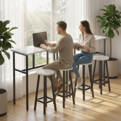 HOMCOM Bar Table Set of 6, Bar Table and Stools for 4, 2 Breakfast Tables and 4 Stools for Living Room, White Marble