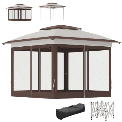 Outsunny 12' x 12' Pop Up Canopy Sun Shade Instant Tent Folding with Mesh Sidewalls, Beige and Dark Brown