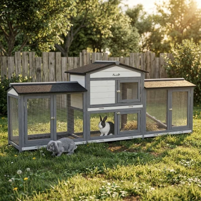 PawHut 90.5" Wooden Rabbit Hutch with Double Run Boxes, Light Gray