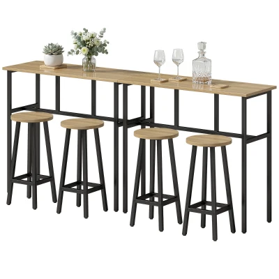 HOMCOM Bar Table Set of 6, Bar Table and Stools for 4, 2 Breakfast Tables and 4 Stools for Living Room, Grey-Brown