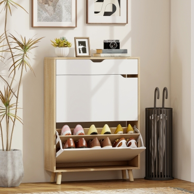 HOMCOM Narrow Shoe Cabinet for Entryway with 2 Flip Drawers, Top Drawer and Adjustable Shelves for 12 Pairs of Shoes, White