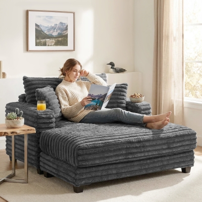 HOMCOM 60" Chaise Lounge Chair, Oversized Upholstered Sofa Bed with Cup Holders & Pillows, Sleeper Couch for Living Room, Grey