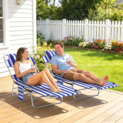 Outsunny 2 Outdoor Chaise Lounge Chairs, Adjustable with Pillow, Blue Stripe