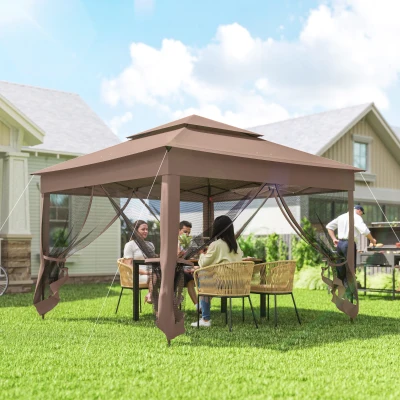 Outsunny 11' x 11' Patio Pop-Up Gazebo with Netting, Brown