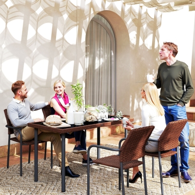 Outsunny 5 Pieces Outdoor Dining Set for 4, PE Wicker Rattan Patio Furniture Set with Stackable Chairs and Glass Table Top