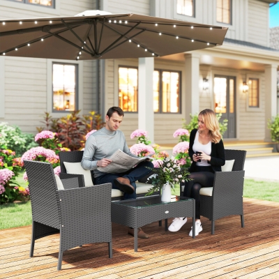 Outsunny 4-Piece Rattan Outdoor Furniture Set Patio Furniture Set with Coffee Table 22.8" W x 21.7" D x 33.5" H Black & Cream