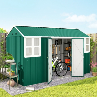 Outsunny 12' x 5.5' Metal Garden Storage Shed, Outdoor Tool Storage House with Lockable Door, Vents, Sloped Roof, Green