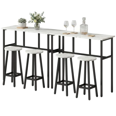 HOMCOM Bar Table Set of 6, Bar Table and Stools for 4, 2 Breakfast Tables and 4 Stools for Living Room, White Marble