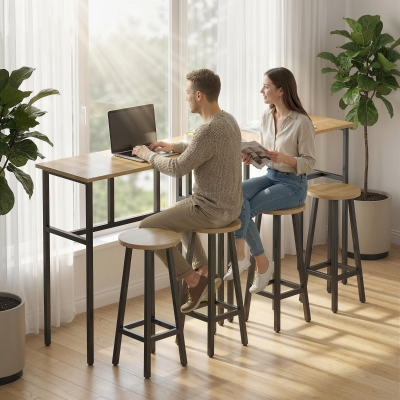 HOMCOM Bar Table Set of 6, Bar Table and Stools for 4, 2 Breakfast Tables and 4 Stools for Living Room, Grey-Brown