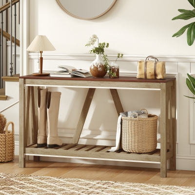 HOMCOM 52" Console Table, Farmhouse Narrow Entryway Table with Storage Shelf, Rustic Sofa Table with Anti-tipper for Living Room and Hallway, Oak