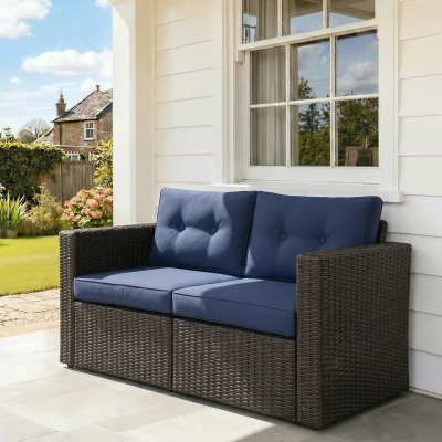 Outsunny 2-Piece Patio Wicker Sofa Set, Dark Blue Outdoor Furniture
