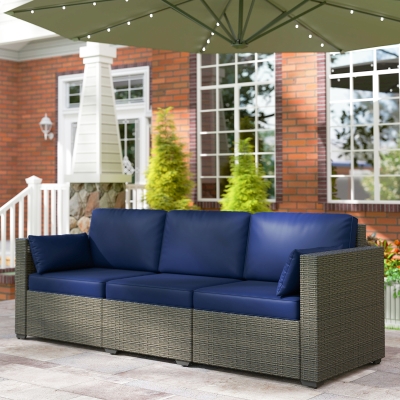 Outsunny 3-Seater Outdoor Sofa with Cushions, PE Rattan Conversation Patio Couch with Pillows for Garden, Poolside, Blue/Brown