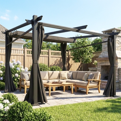Outsunny Metal Pergola with Sliding Roof Canopy, Retractable Pergola Canopy, 10' x 10', Black