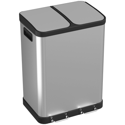 HOMCOM Kitchen Garbage Bin, 2 x 7.9 Gal (2 x 30 L) Trash Can, Soft-Close Garbage Can with Removable Inner Buckets, Silver