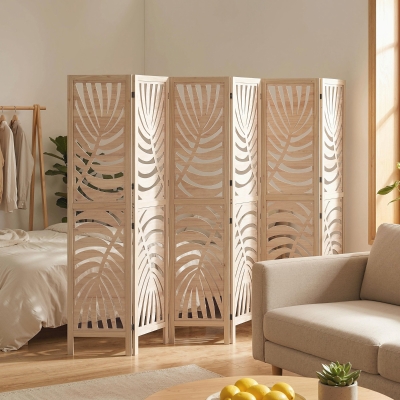 HOMCOM 6 Panel Room Divider, Detachable Folding Privacy Screens with Palm Leaf Design for Home Office, Natural Wood