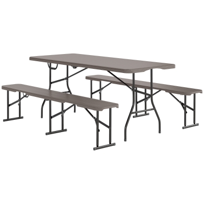 Outsunny 6FT 3PCS Faux Rattan Outdoor Camping Table Bench Set with Carrying Handles, Folding Picnic Table with 2 Benches, Brown