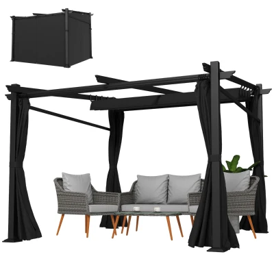 Outsunny Metal Pergola with Sliding Roof Canopy, Retractable Pergola Canopy, 10' x 10', Black