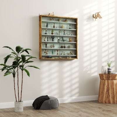 HOMCOM 7-Tier Display Cabinet, Shot Glass Display Case, Glass Curio Cabinet with 2 Glass Doors and 6 Adjustable Shelves, Rustic Brown