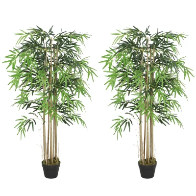 Outsunny 5FT Artificial Bamboo Tree Set of 2, Fake Plant with 1095 Leaves, Greenery Plant in Nursery Pot for Indoor, Green