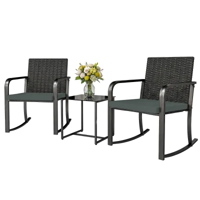 Outsunny 3 Pieces Rocking Bistro Set Outdoor Patio Furniture Set with Cushions, Glass Coffee Table for Balcony, Grey