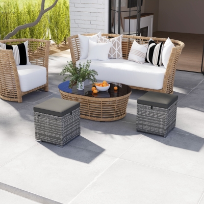Outsunny 2 Pieces Wicker Outdoor Ottoman with Storage, Cushion, Square Outdoor Footstool, Seating, Side Table, Dark Grey