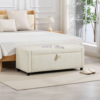 HOMCOM Storage Ottoman, Upholstered Corduroy End of Bed Bench with Thick Padding, Storage Bench for Bedroom, Beige