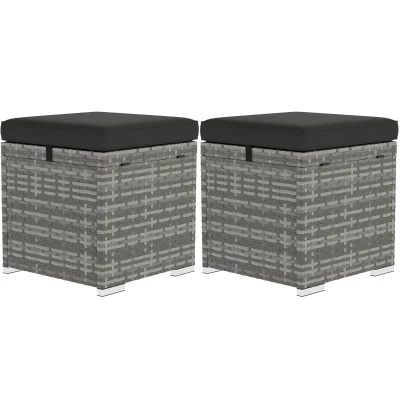 Outsunny 2 Pieces Wicker Outdoor Ottoman with Storage, Cushion, Square Outdoor Footstool, Seating, Side Table, Dark Grey