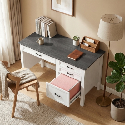 HOMCOM 54" Farmhouse Executive Desk, Computer Desk with Drawers, Adjustable Hanging Rails for for A4/Letter Size Files, White