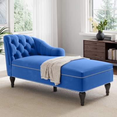 Exquisite Chaise Lounge with Button-Tufted Design and Nailhead Trim, Right-Arm Facing Chaise for Living Room, 58" L x 26.5" W x 28.5" H, Blue