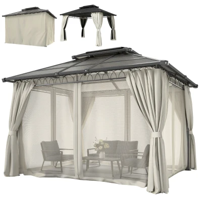 Outsunny 10' x 12' Outdoor Gazebo Canopy, Double Roof Hardtop Gazebo with Polycarbonate Roof, Steel Frame, Nettings and Curtains