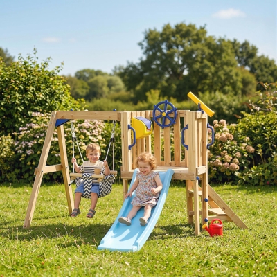 Outsunny Wooden Kids Swing Set with Slide, Swing Seat, Captain's Wheel, Telescope, for Ages 18-48 Months, Natural