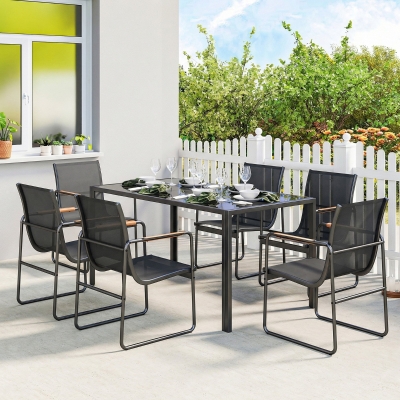 Outsunny 7 Pieces Outdoor Dining Set for 6, Glass Patio Table and Chairs with Decorative Armrests, All Weather Mesh, Black