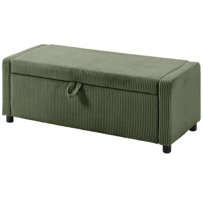 HOMCOM Storage Ottoman, Upholstered Corduroy End of Bed Bench with Thick Padding, Storage Bench for Bedroom, Dark Green