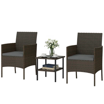 Outsunny Wicker Bistro Set, 3 Piece Patio Furniture Set with 2-Tier Glass Top Table, Cushions for Balcony, Porch, Dark Grey