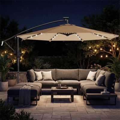 Outsunny 9.7ft Solar LED Cantilever Patio Umbrella with 32 LED Lights, Cross Base, Crank Handle, for Poolside, Deck, Khaki