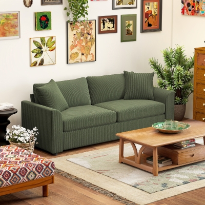 HOMCOM 3 Seater Sofa, 83.5" Modern Upholstered Couch with Pocket Spring and 2 Scatter Cushions for Living Room, Green