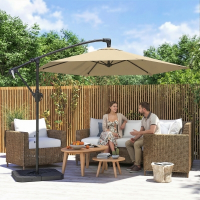 Outsunny 9.7 ft Offset Patio Umbrella with Water/Sand Fillable Weights, Garden Hanging Parasol with Locking Latch, Khaki